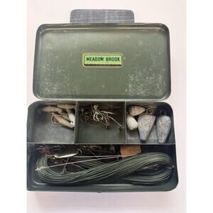 Vintage Small Metal Tackle Box with Hooks, String, Weights. Meadow Brook Brand